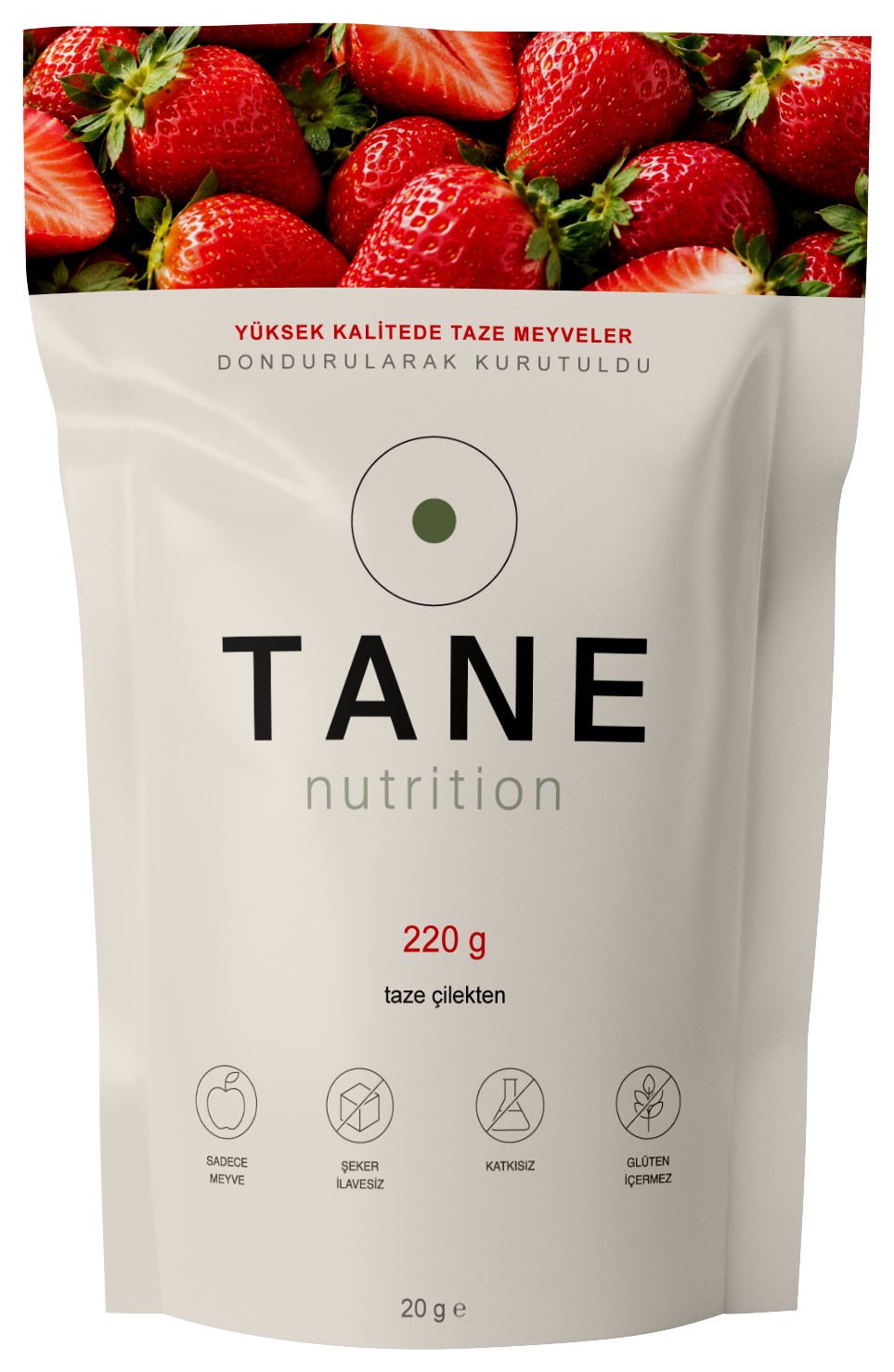 TANE Nutrition dondurularak kurutulmuş bütün çilek 20 g ambalajı