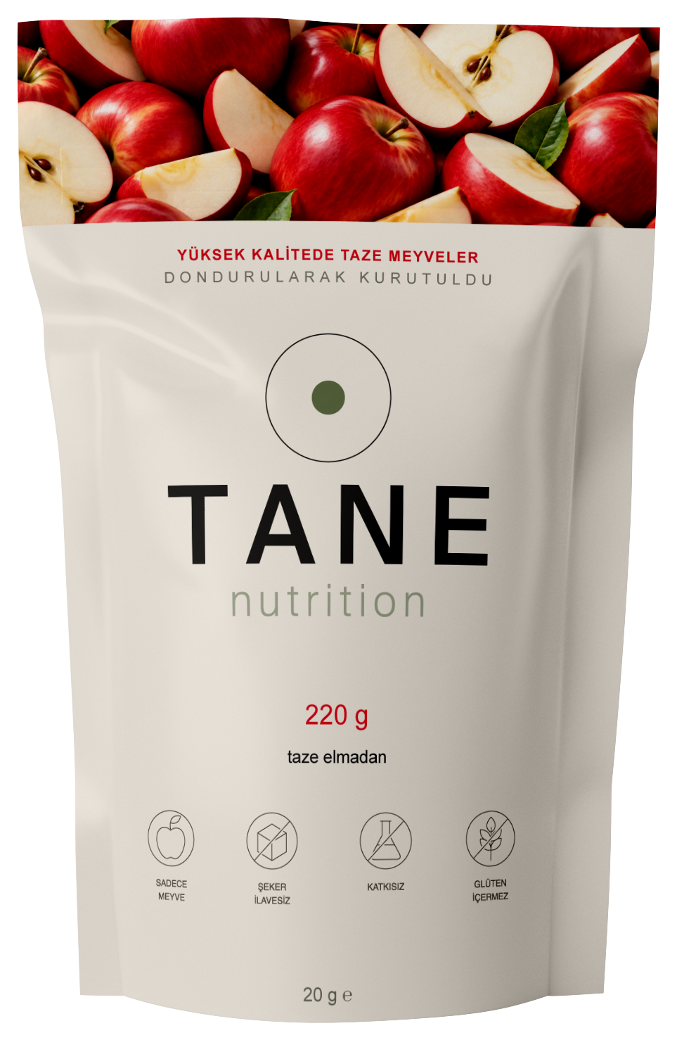 TANE Nutrition dondurularak kurutulmuş dilim kırmızı elma 20 g ambalajı