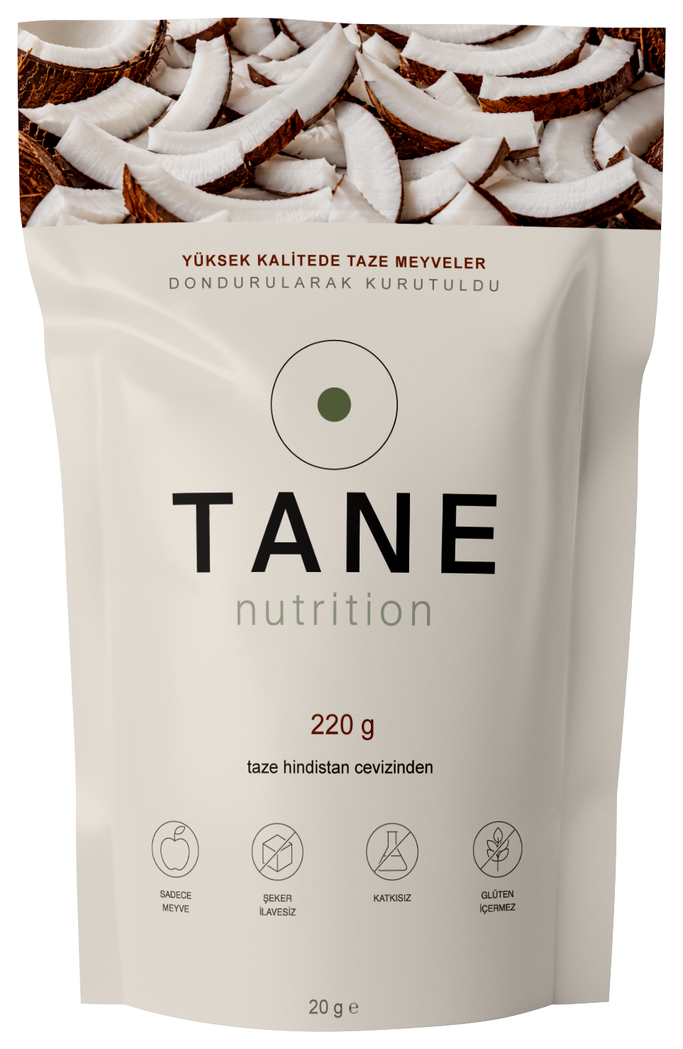 TANE Nutrition dondurularak kurutulmuş dilim hindistan cevizi 25 g ambalajı