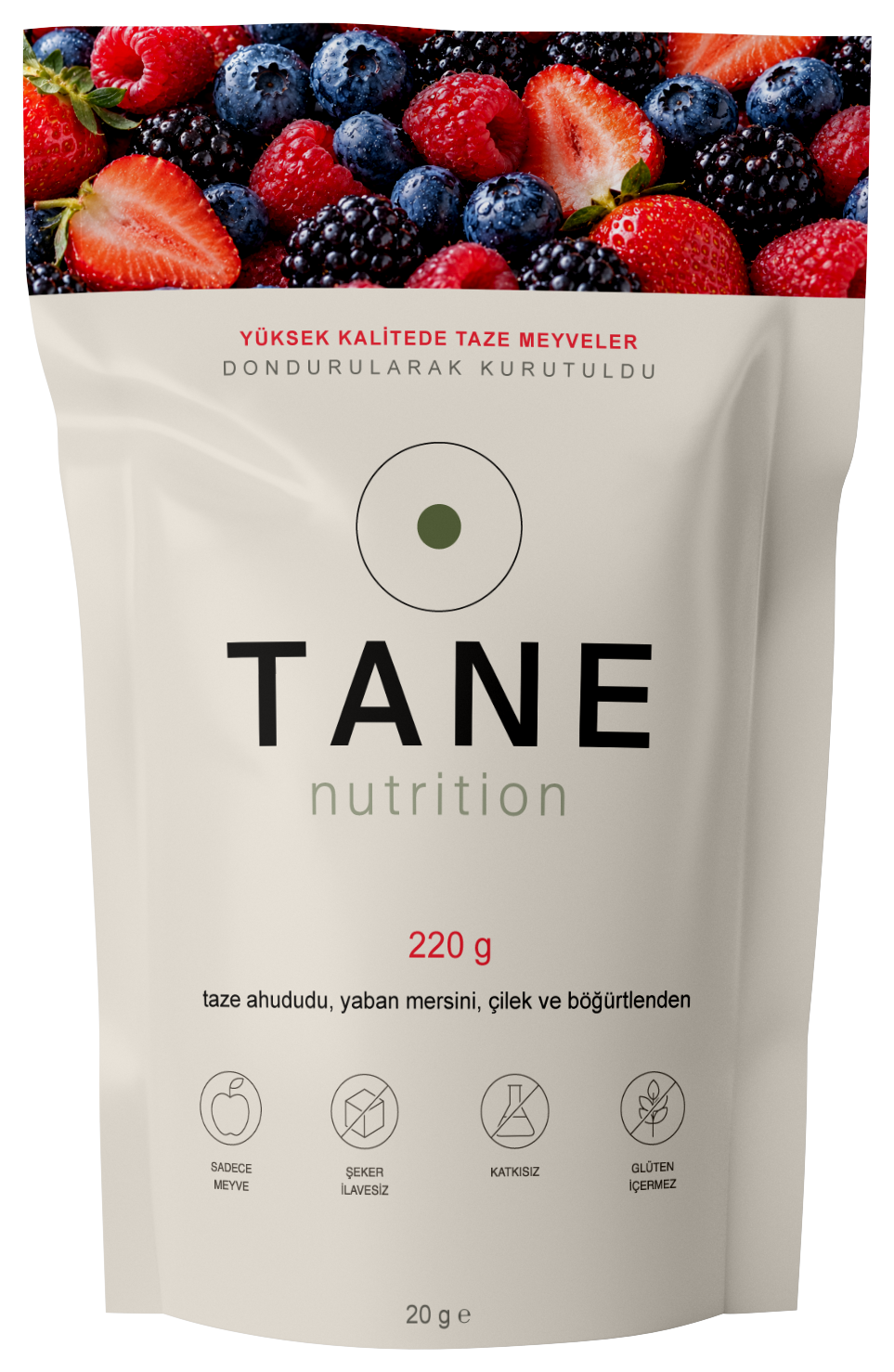 TANE Nutrition dondurularak kurutulmuş karışık orman meyveleri 20 g ambalajı