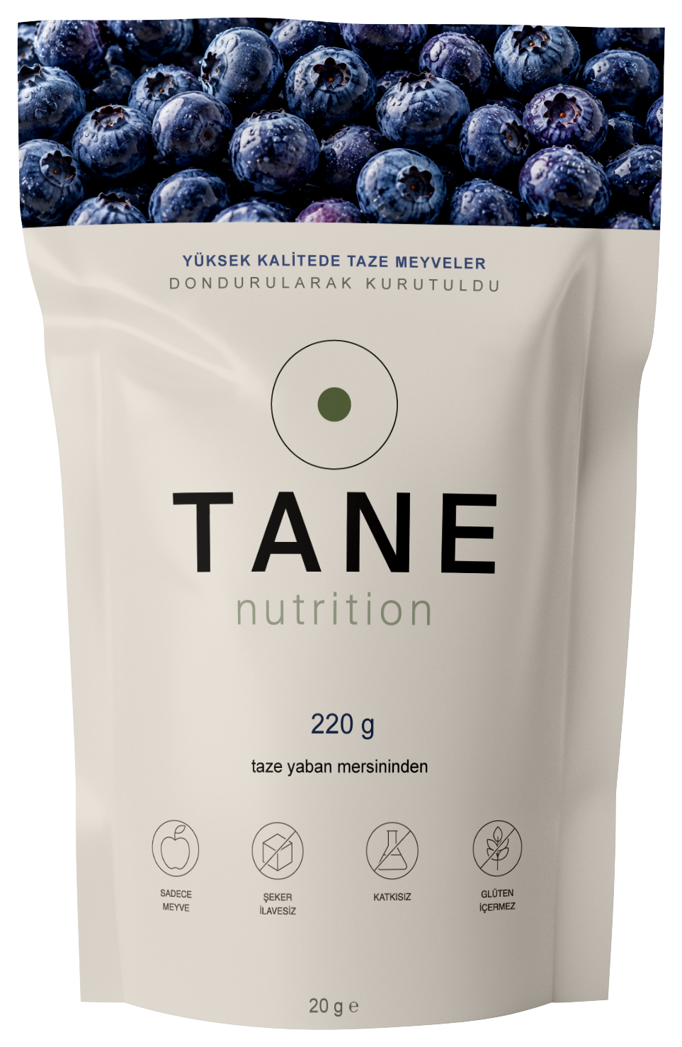 TANE Nutrition dondurularak kurutulmuş bütün yaban mersini 20 g ambalajı